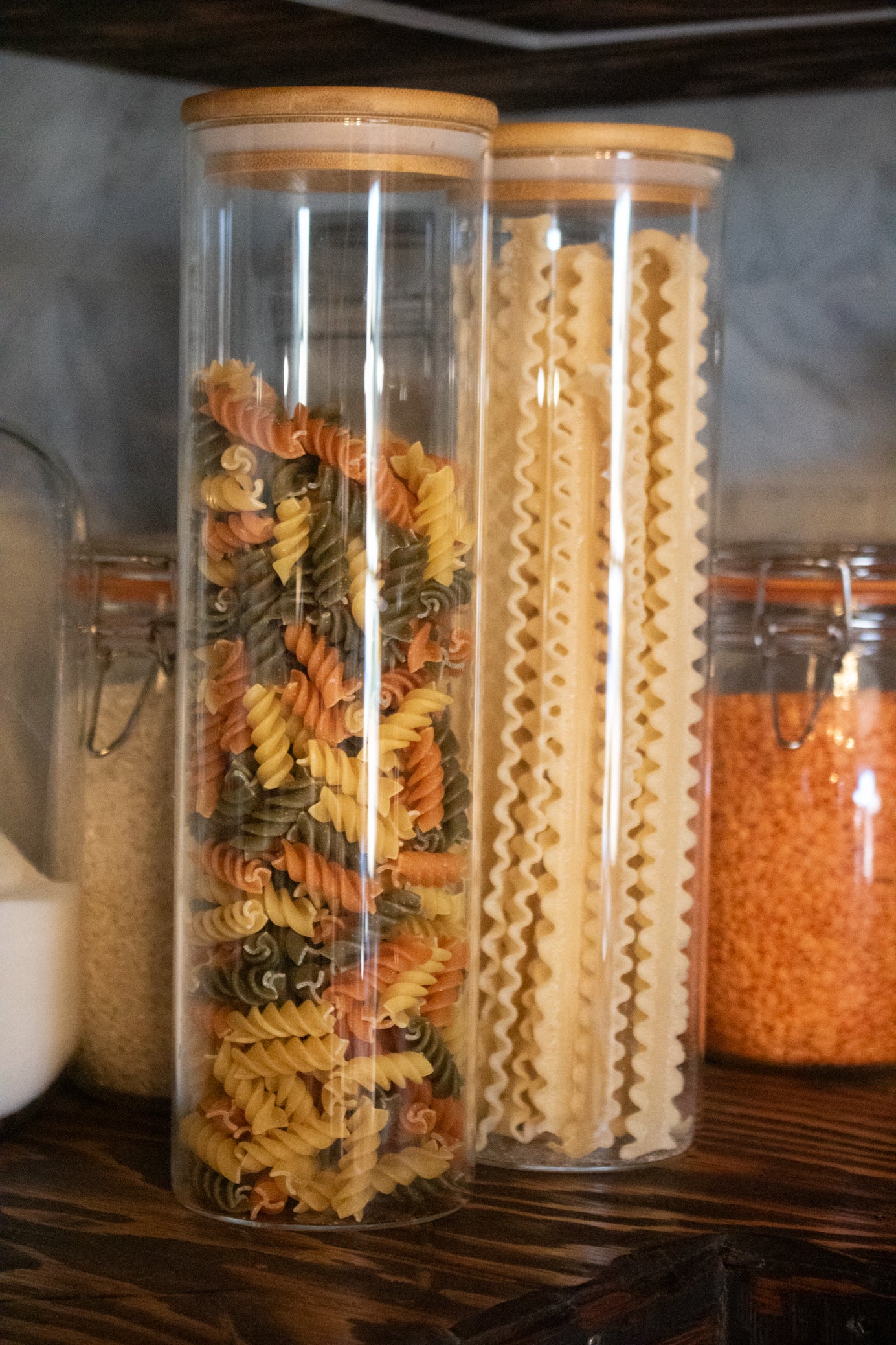 Set of 2 Kitchen Pantry Glass Pasta Storage Container with Lids Food Storage Jar with Wood Lids