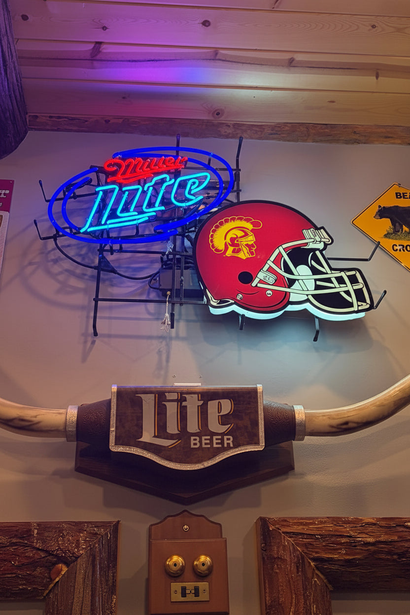 Vintage Miller Lite Neon Beer Sign With USC Trojans Football Helmet