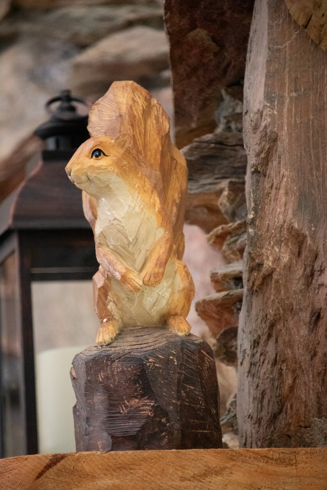Resin Squirrel Sculpture Perched on Tree Stump