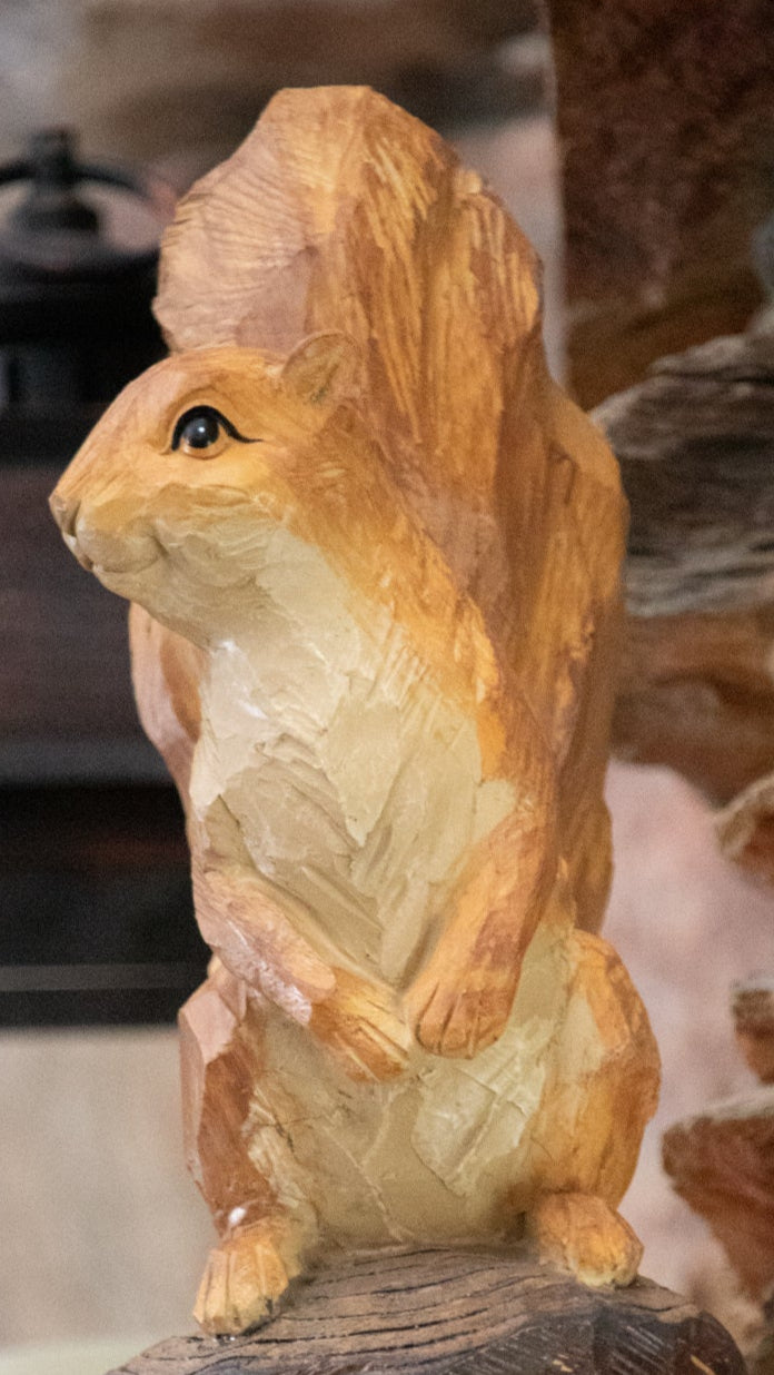 Resin Squirrel Sculpture Perched on Tree Stump