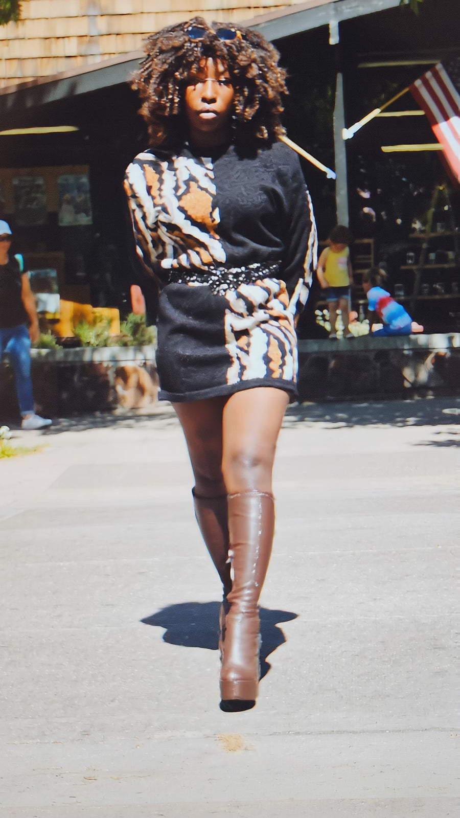 Anne Crimmins for Umi Collections Black/Brown/Tan/White Zebra Print 2/4 sections pull-over sweater