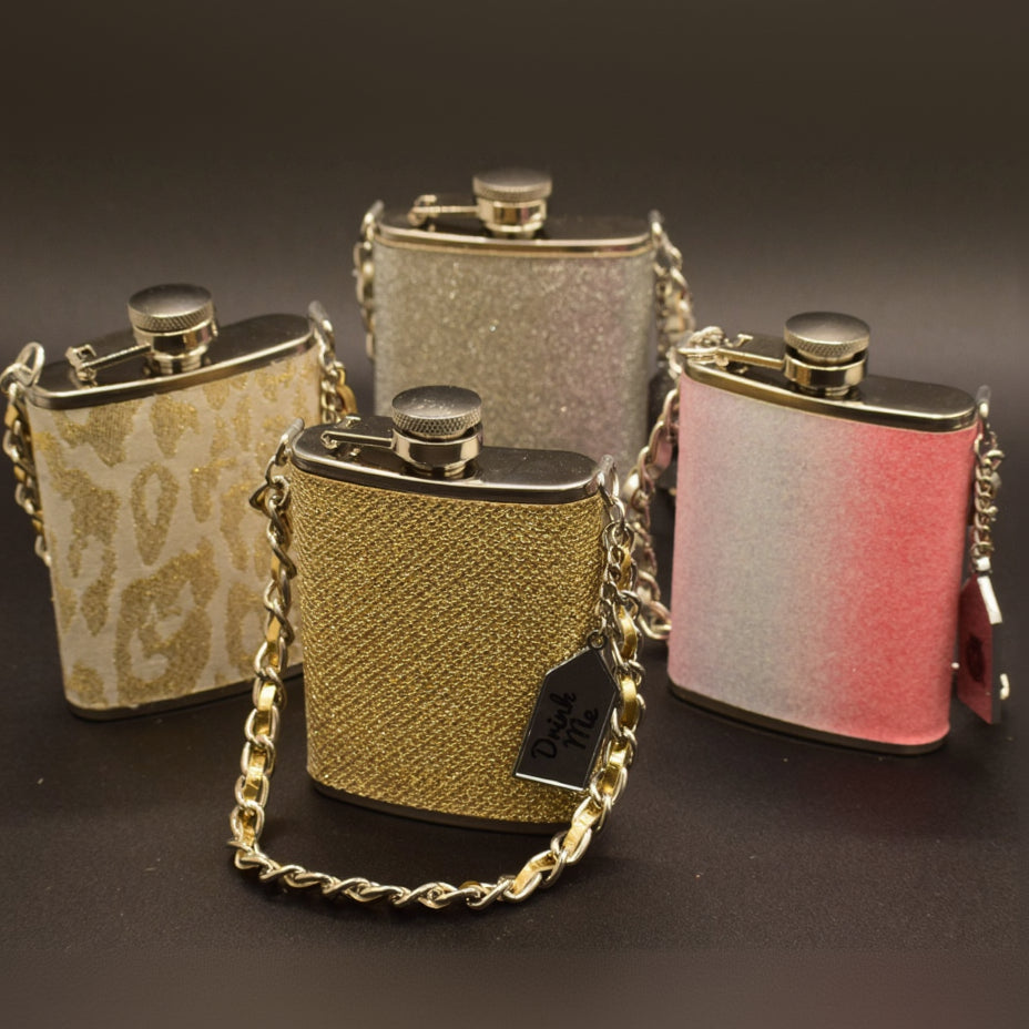 Wide Eye Design Gold and White Cheetah Print Mini Flask