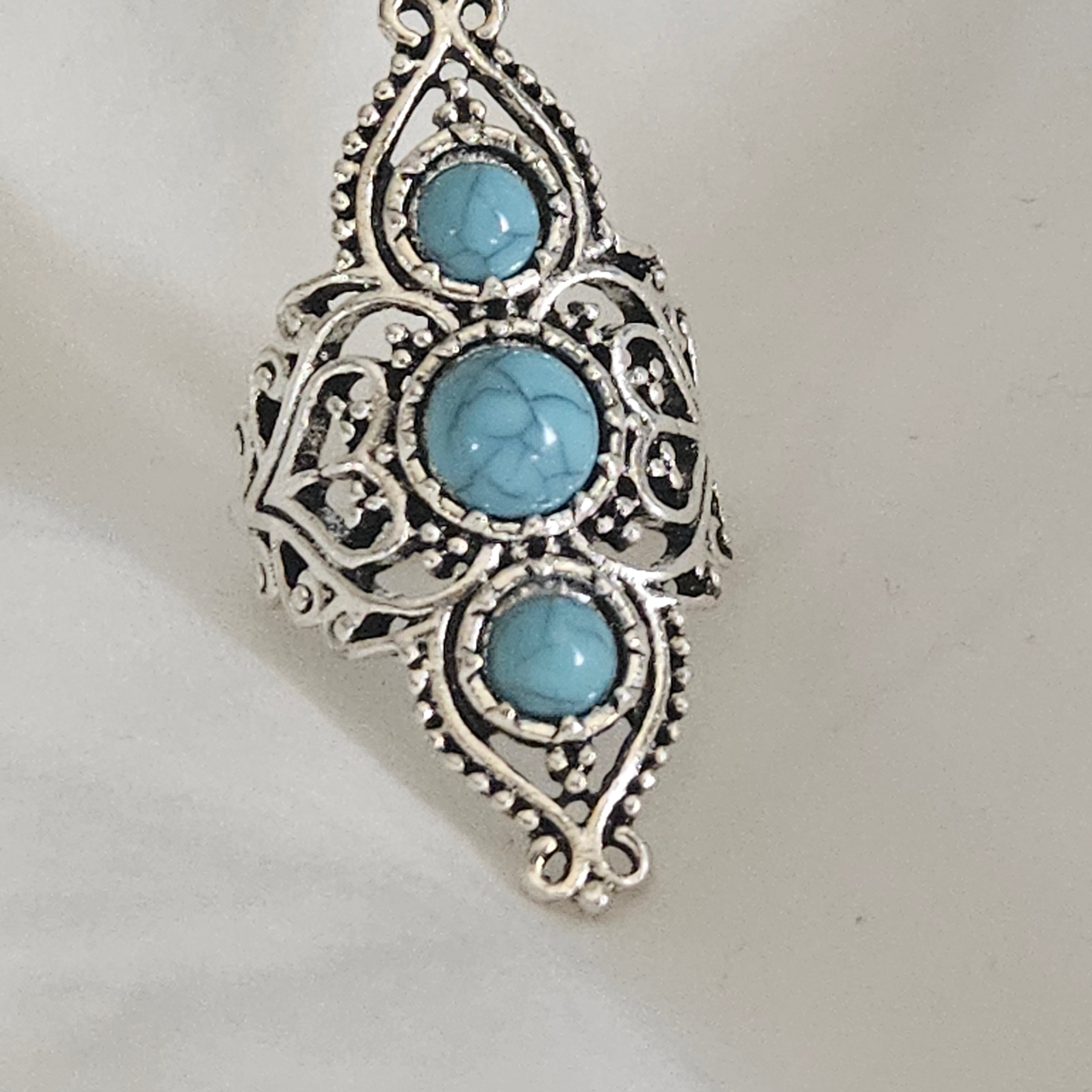 Vintage Style Faux Turquoise Filigree Ring Size 8 Silver Plated Boho Statement Jewelry