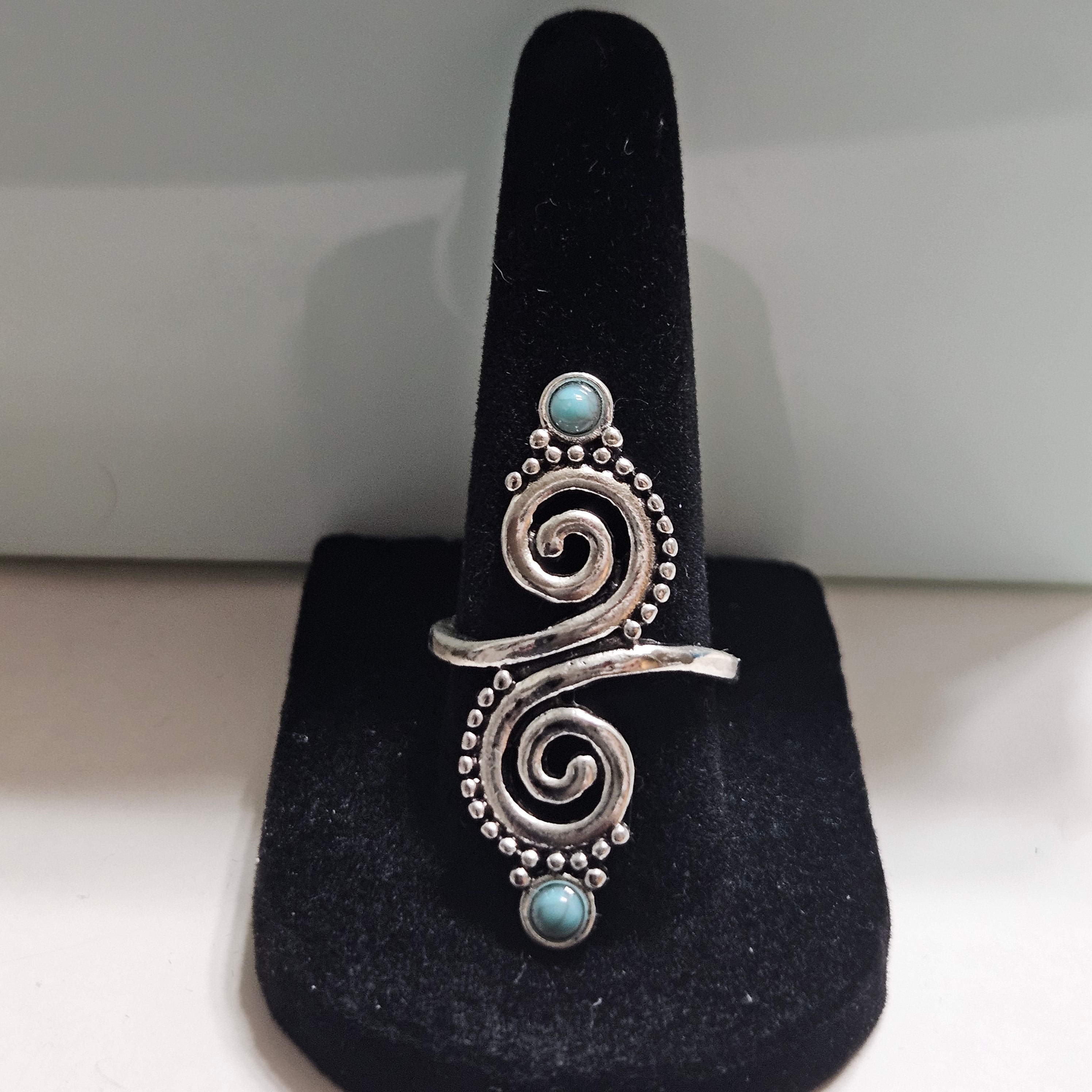 Bright Alloy Plated Silver Knuckle Faux Turquoise Ring Size 7