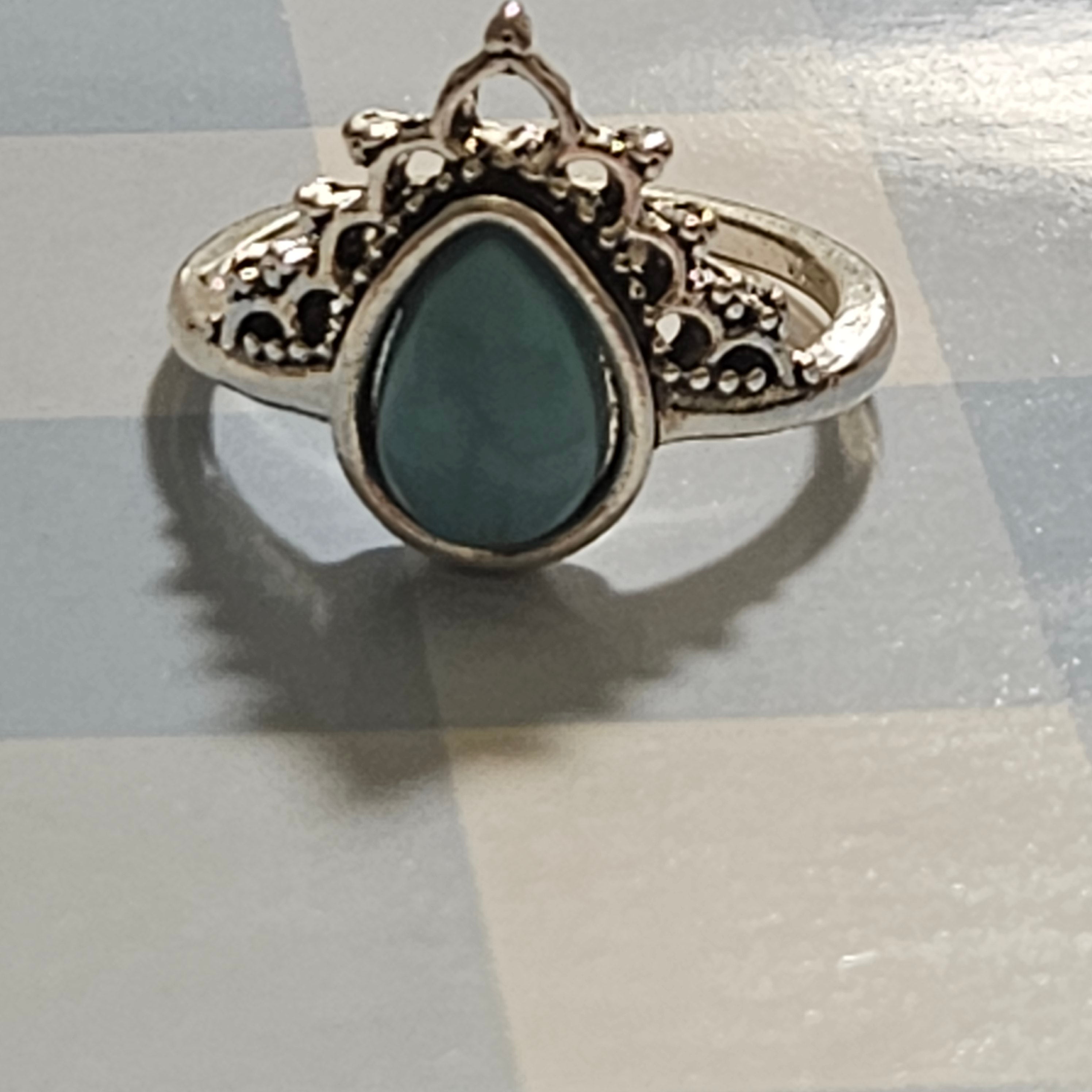 Bright Alloy Silver Plated Faux Turquoise Tear Ring Size 8.5