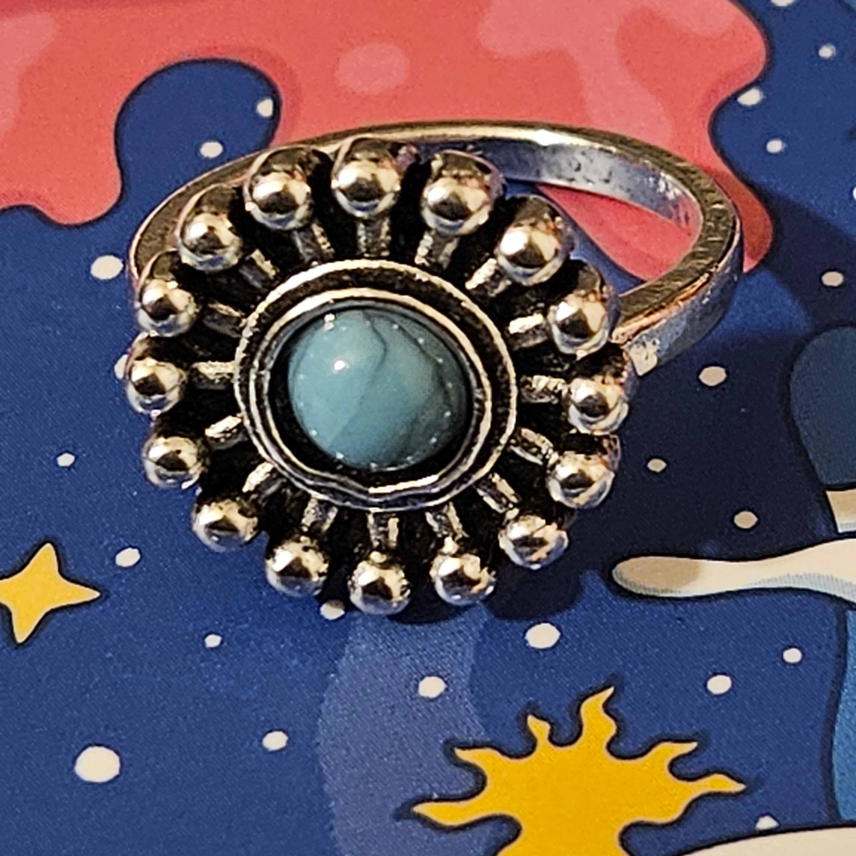 Faux Turquoise Alloy Plated Silver Flower Ring Size 6.5