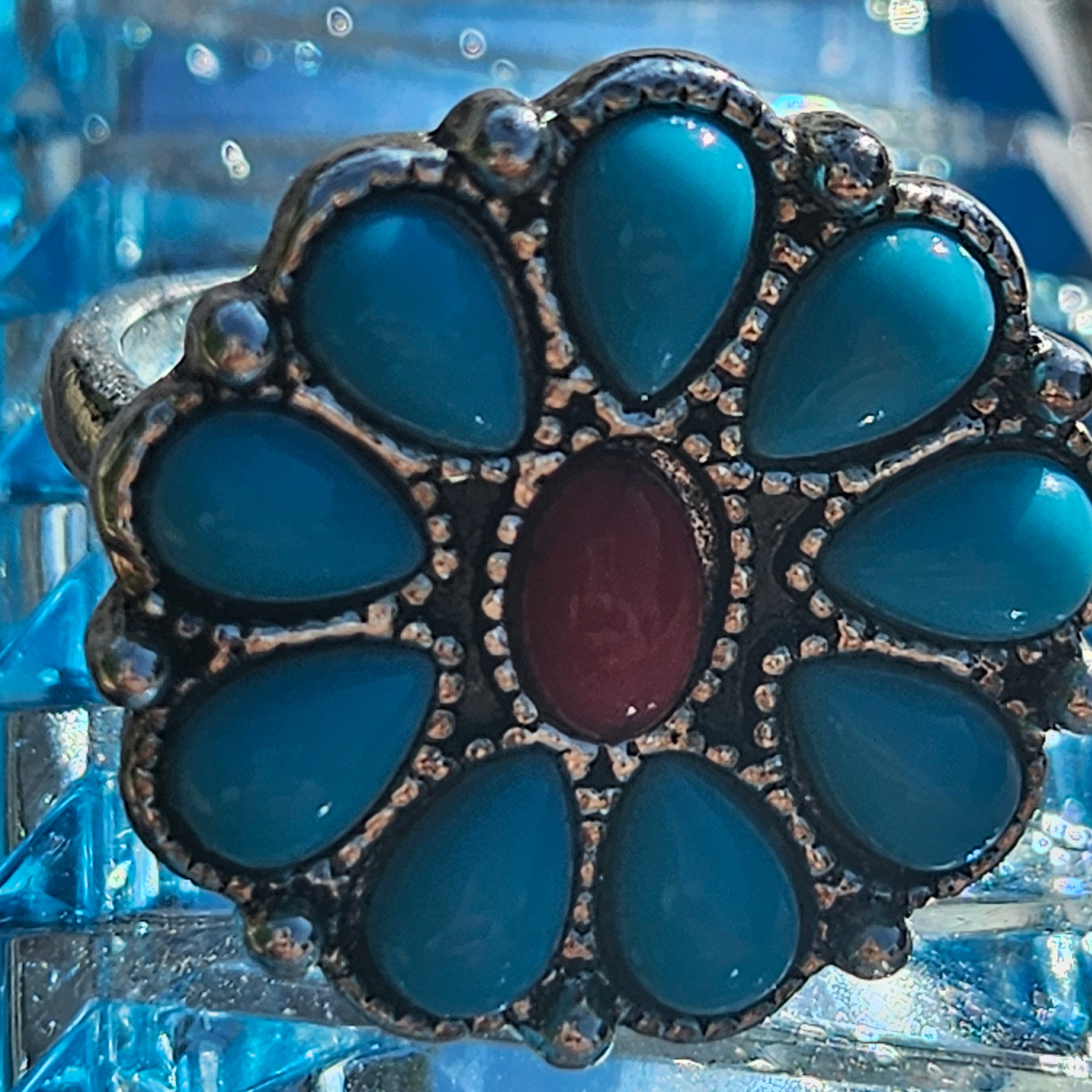 Large Faux Turquoise Flower Ring Size 6 Silver Plated Boho Southwestern Statement Jewelry