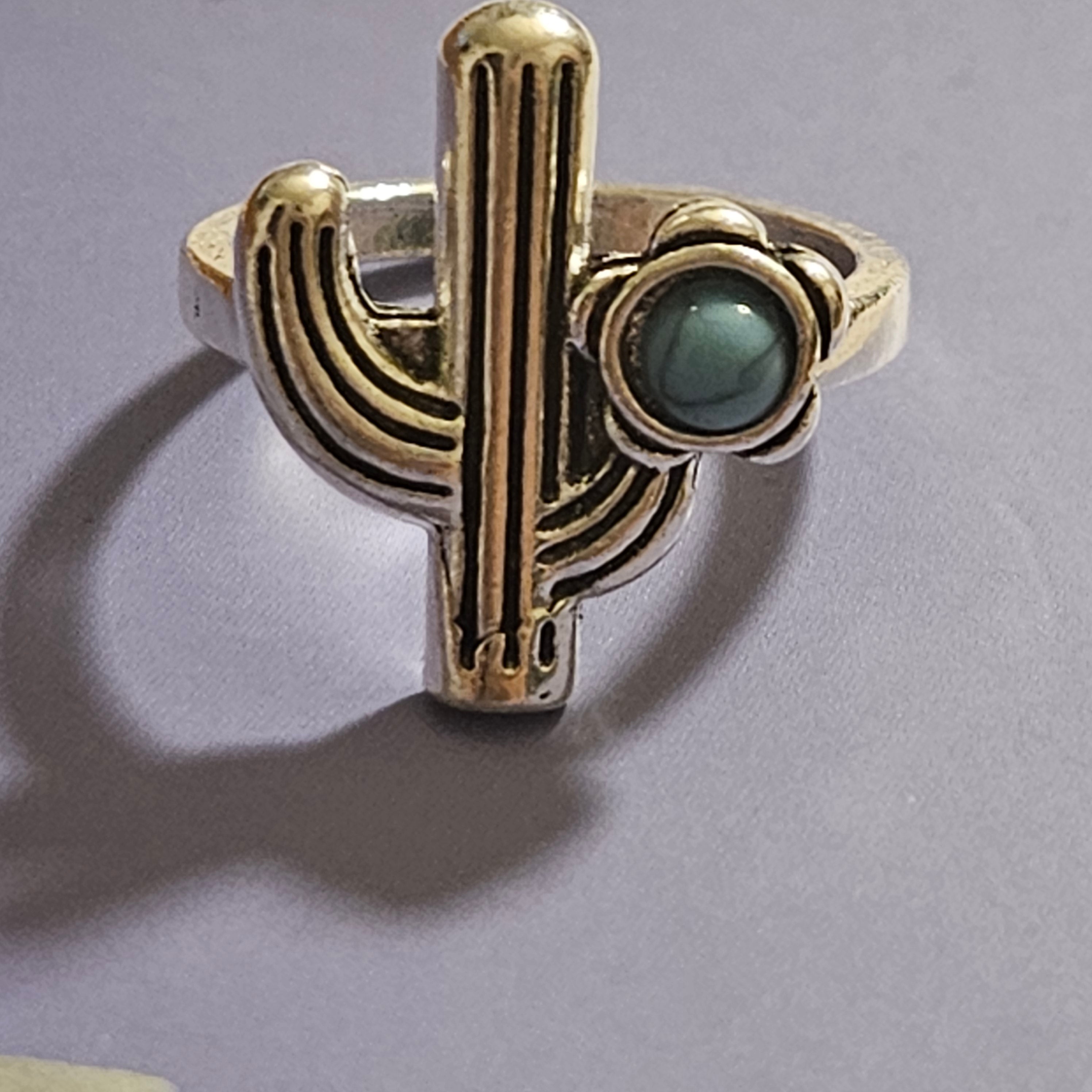 Alloy Silver Plated Faux Turquoise Cactus Ring Size 6.5