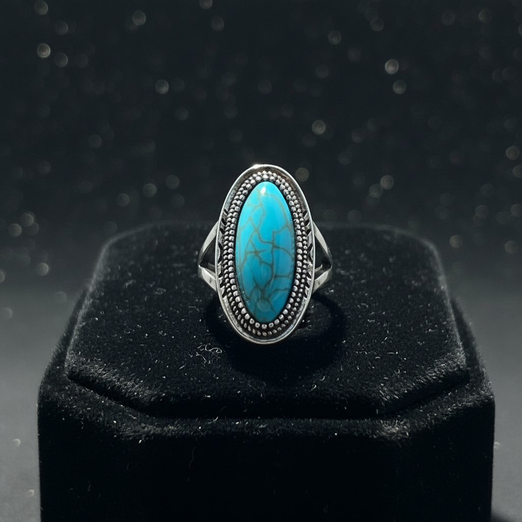 Oval Alloy Silver Plated Faux Oval Turquoise Ring Size 8.5
