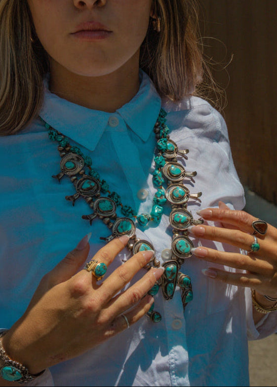 Vintage Navajo Turquoise Sterling Silver Squash Blossom Necklace