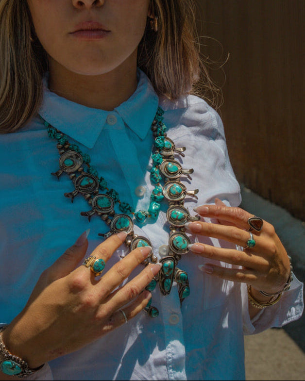 Vintage Navajo Turquoise Sterling Silver Squash Blossom Necklace