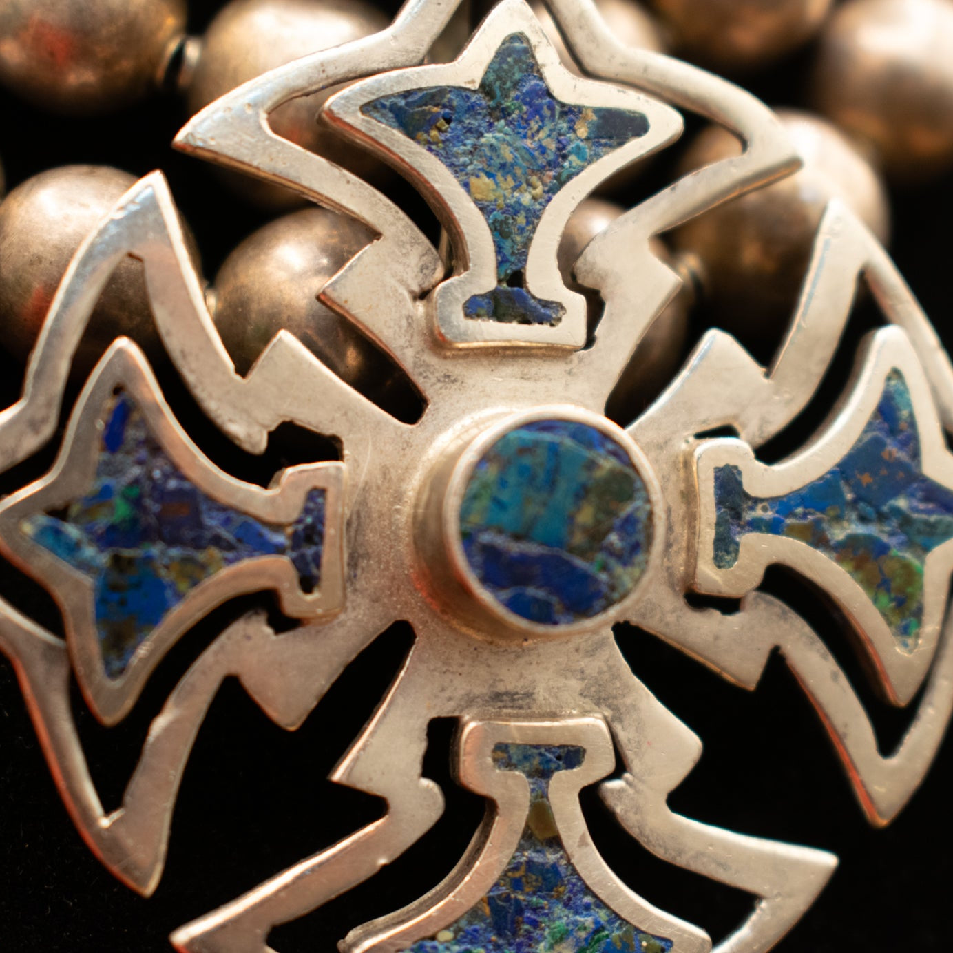 Vintage Mexican Miguel Melendez Sterling Silver Lapis Lazuli Canterbury Cross Pendant on Sterling Silver Bench Bead Necklace with Three Layers