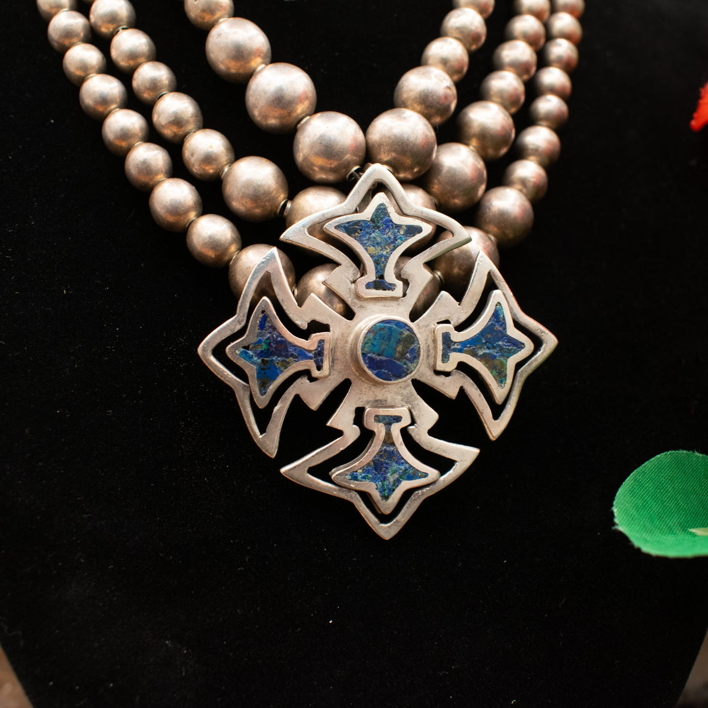 Vintage Mexican Miguel Melendez Sterling Silver Lapis Lazuli Canterbury Cross Pendant on Sterling Silver Bench Bead Necklace with Three Layers