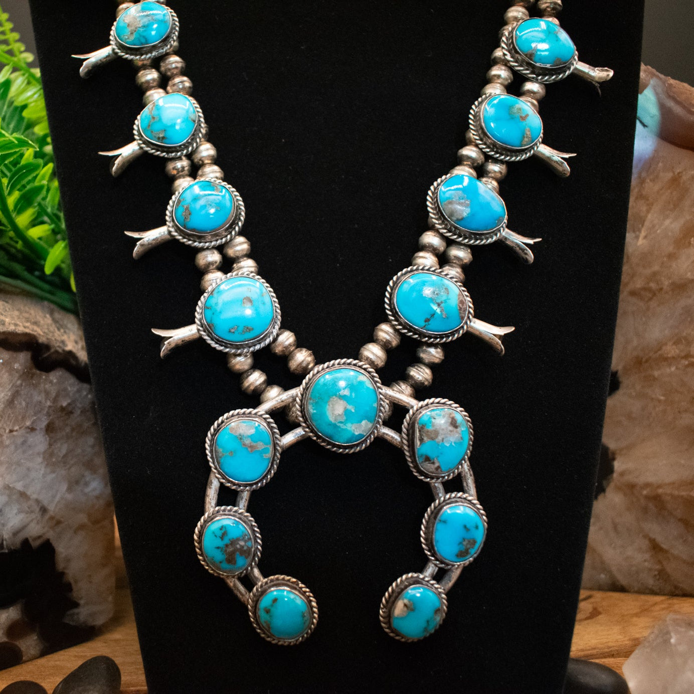 Vintage Navajo Turquoise and Sterling Silver Squash Blossom Necklace Crafted from Morenci