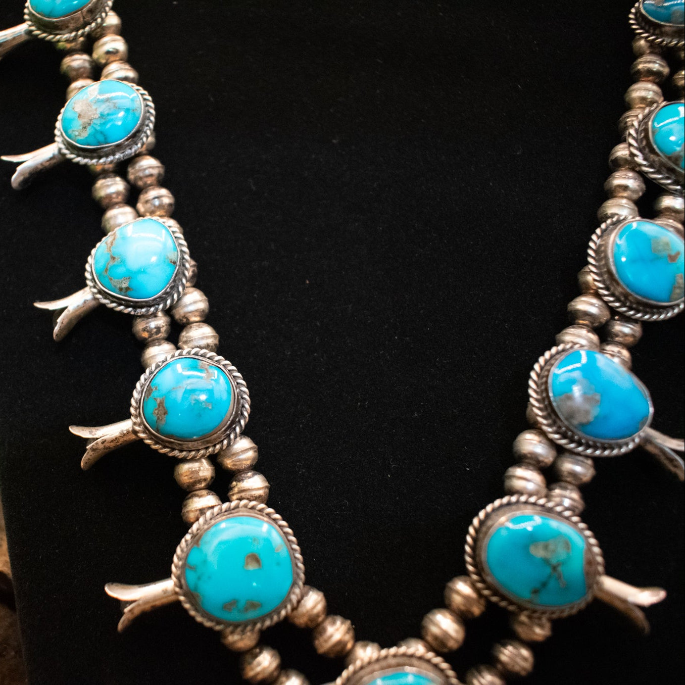 Vintage Navajo Turquoise and Sterling Silver Squash Blossom Necklace Crafted from Morenci