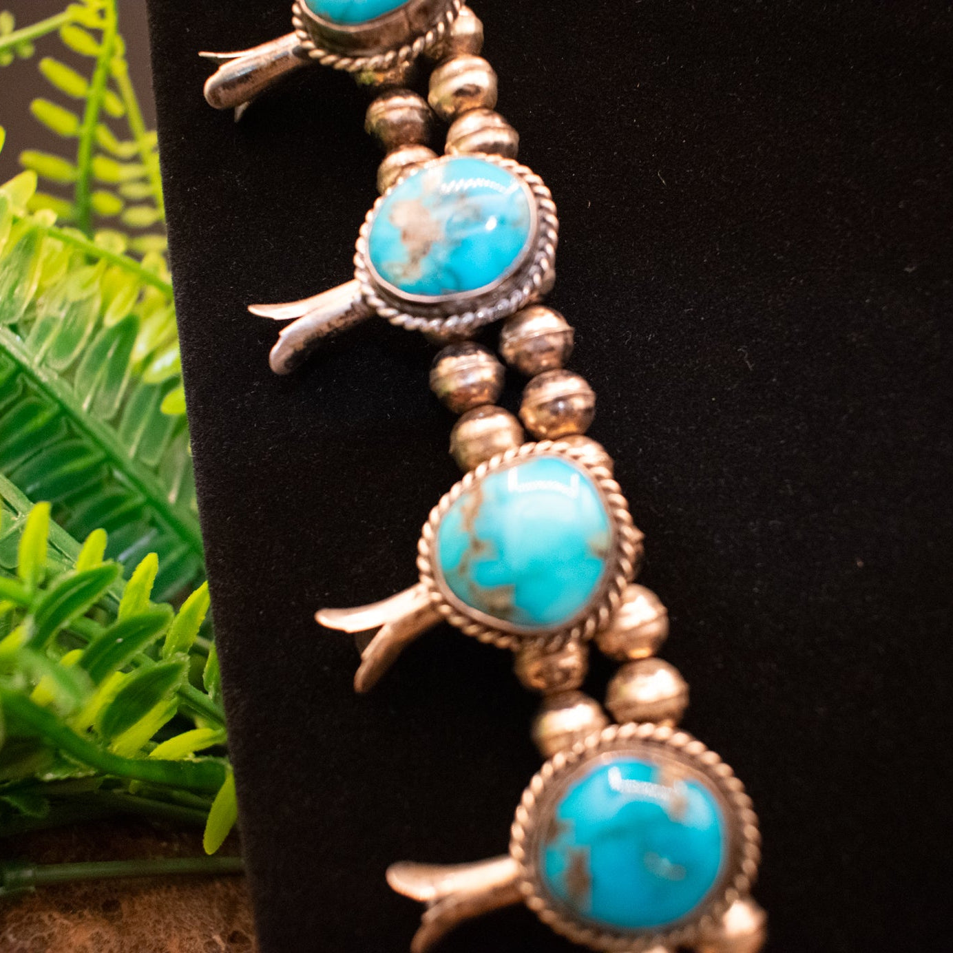 Vintage Navajo Turquoise and Sterling Silver Squash Blossom Necklace Crafted from Morenci