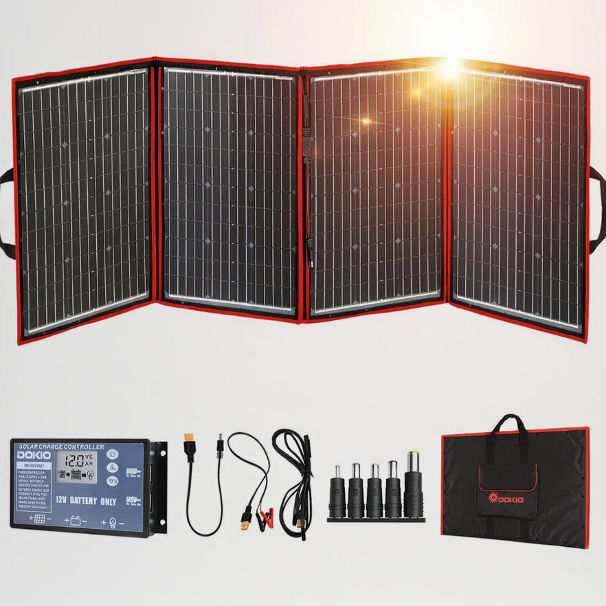 DOKIO 220W 18V Portable Solar Panel Kit Folding Solar Charger with 2 USB 12v Batteries/Power Station