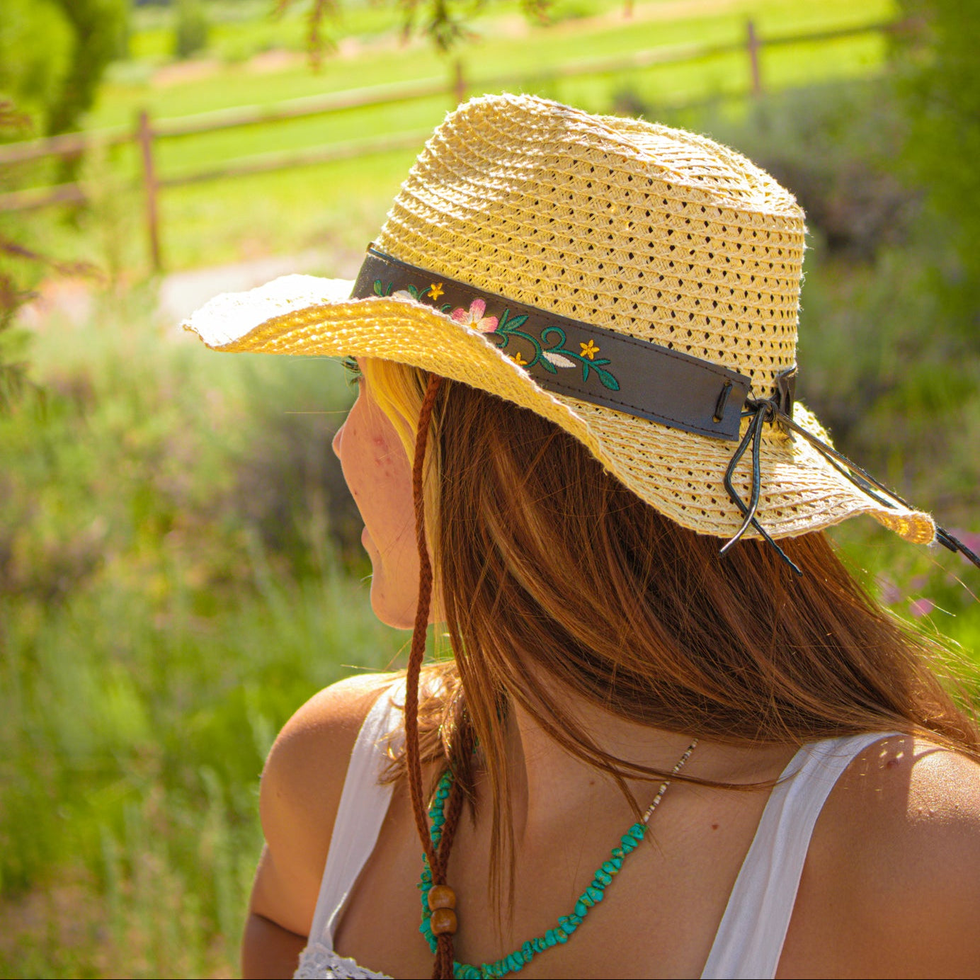 Cowgirl Straw Hat 57cm Floral Band Western Hat Recycled Paper Sun Hat Womens