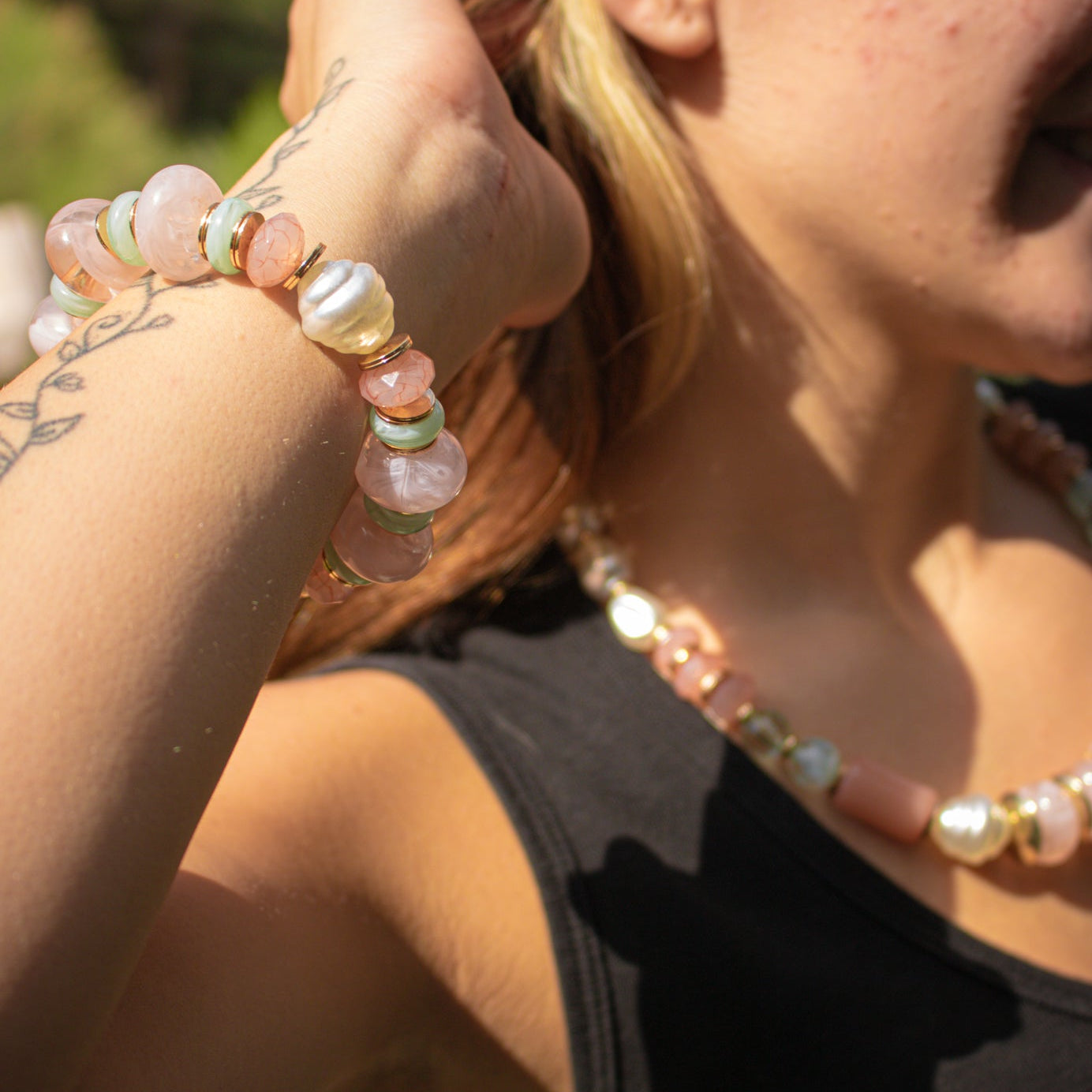 Pastel Pink Beaded Necklace and Bracelet Set