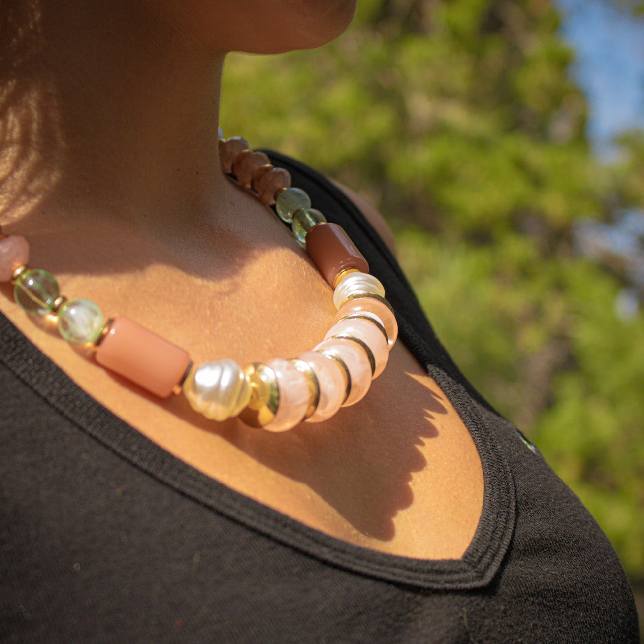 Pastel Pink Beaded Necklace and Bracelet Set