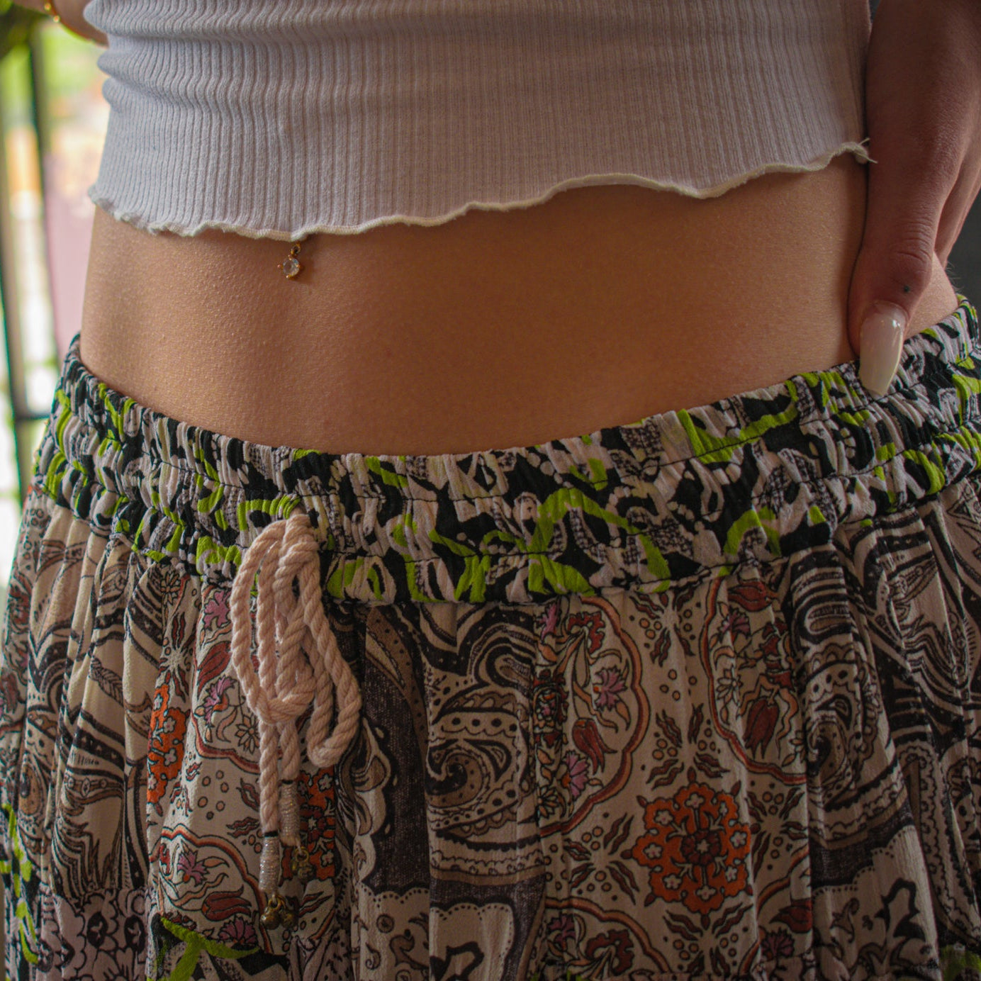 Green/Tan/Brown/White Layered Bo - ho Skirt One Size with Rope Tie with Mini Bells