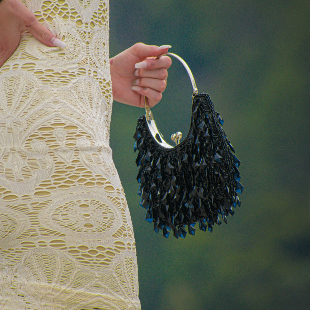 Black Beaded Evening Clutch with Silver Circle Handle & Snap Clasp