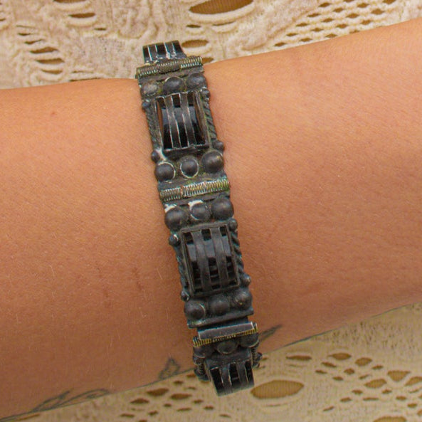 Vintage Dan Santoyo Onyx Inlay Panel 925 Sterling Silver Bracelet