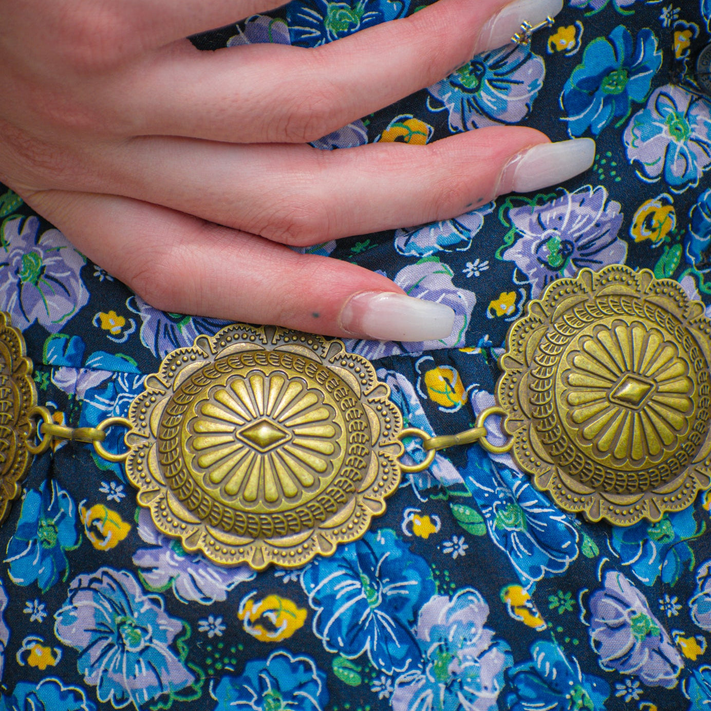 Brass Toned Metal Round Concho Belt Fits 26 to 38