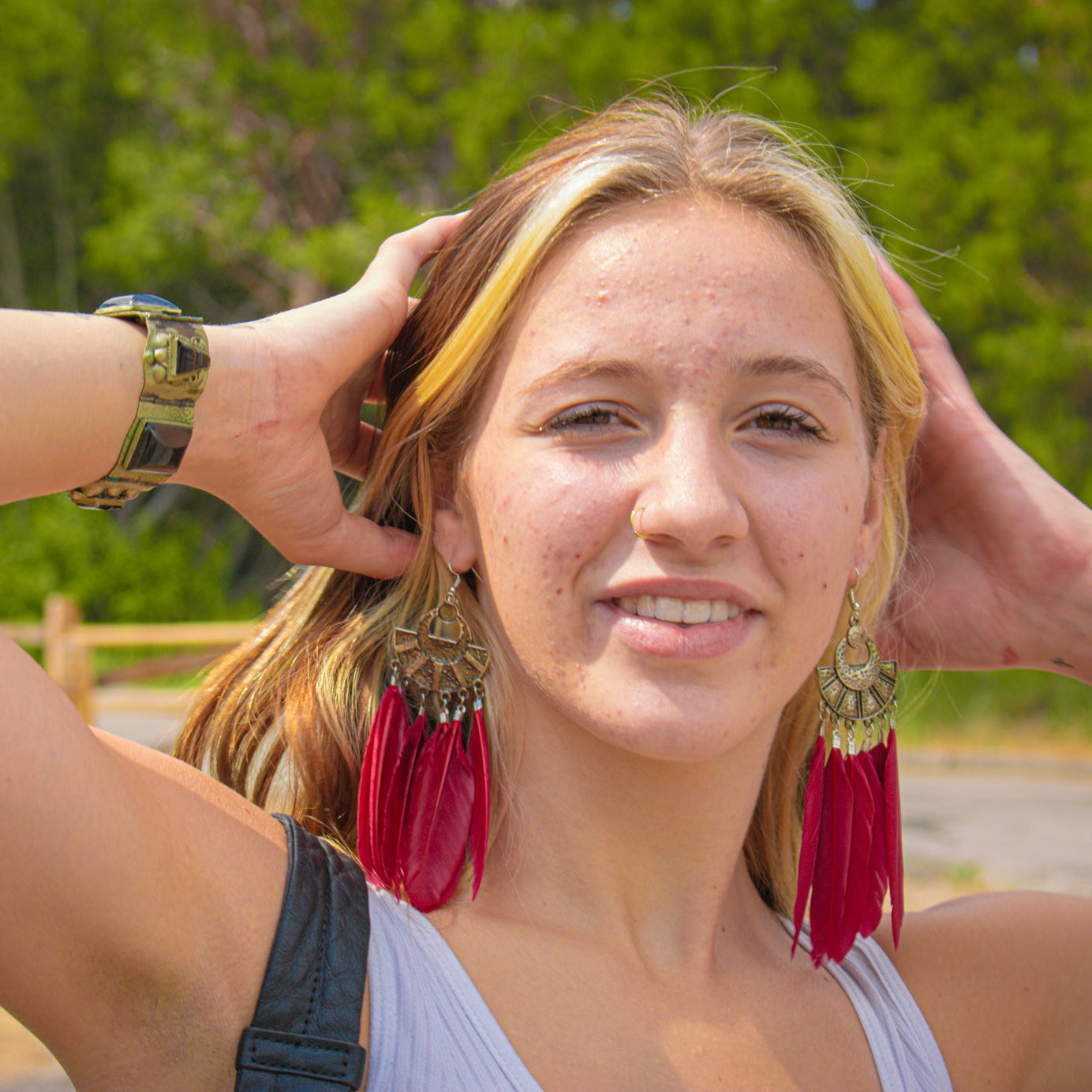 Paparazzi Ornate Silver basic with six Red Feather Dangling from each Statement Piece Earring Aztec Aesthetic