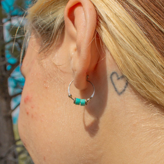 Turquoise Bead Hoop Earrings Silver Tone Small Boho Western Minimalist Hoops