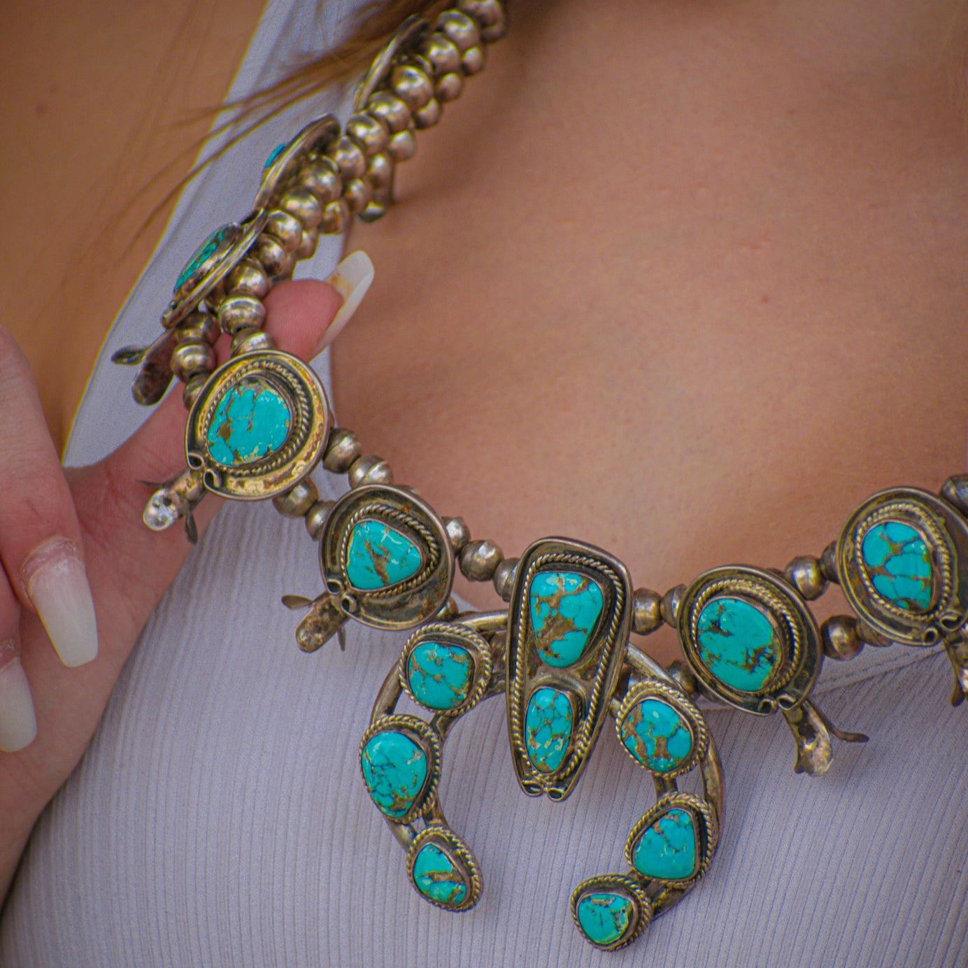 Vintage Navajo Turquoise Sterling Silver Squash Blossom Necklace