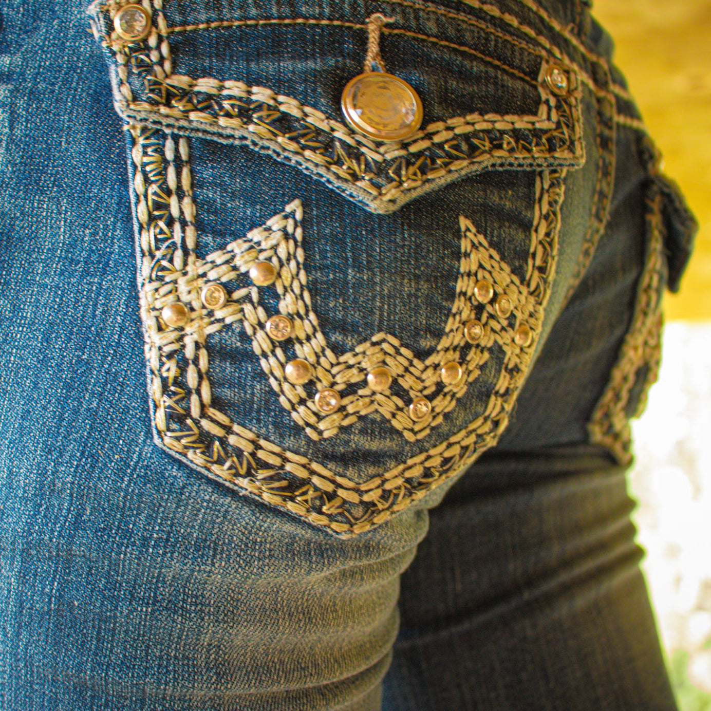 Miss Chic Boot cut Jeans with Jewel Embellishments/Thick White Stitching Embellishing the Butt.
